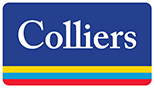 Colliers logo featuring the company name in white text on a blue background with yellow, red, and light blue horizontal stripes at the bottom.