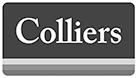 Colliers logo in white text on a dark gray rectangle with two horizontal stripes underneath.