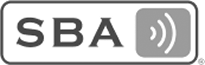 Logo with the letters SBA on the left and a square on the right containing three curved lines representing sound waves.