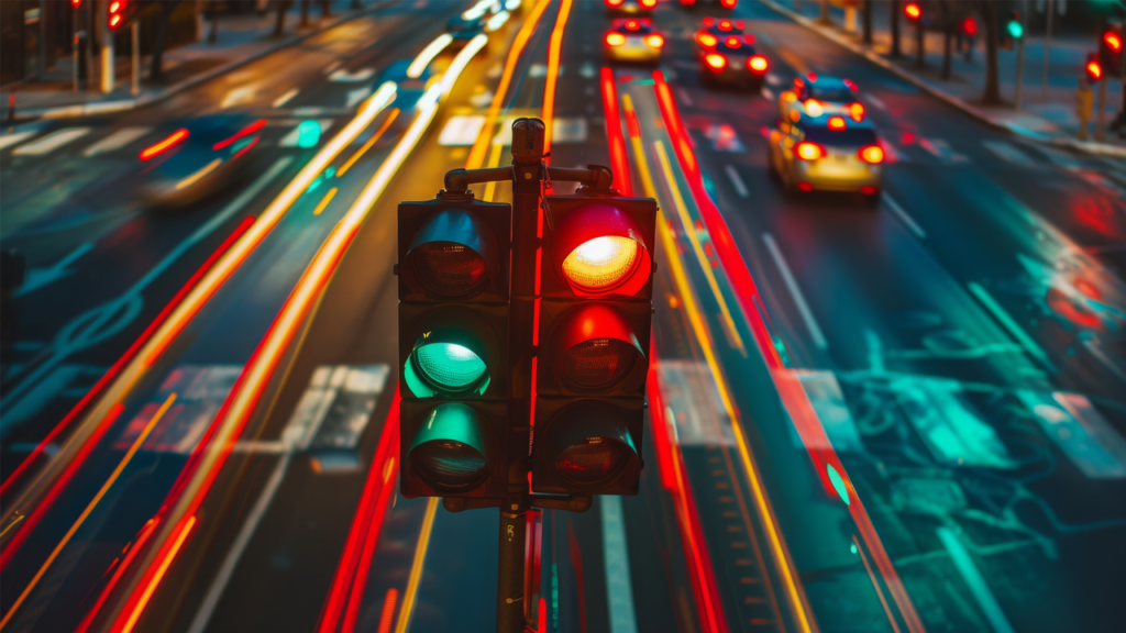 A traffic light shows both red and green lights on at night with blurred car lights and traffic on a city street in the background.