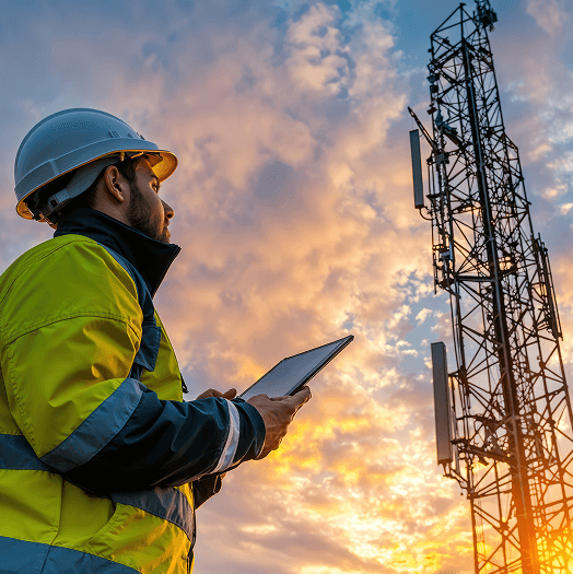 A worker in a high-visibility jacket and hard hat inspects a telecommunications tower using a tablet at sunset.