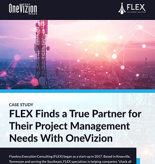 Telecommunications tower at sunset with overlay text about FLEX partnering with OneVizion for project management needs.