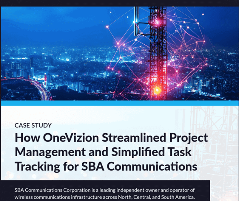 Case study cover showing a digital network overlay on a cell tower with text about OneVizion improving project management and task tracking for SBA Communications.