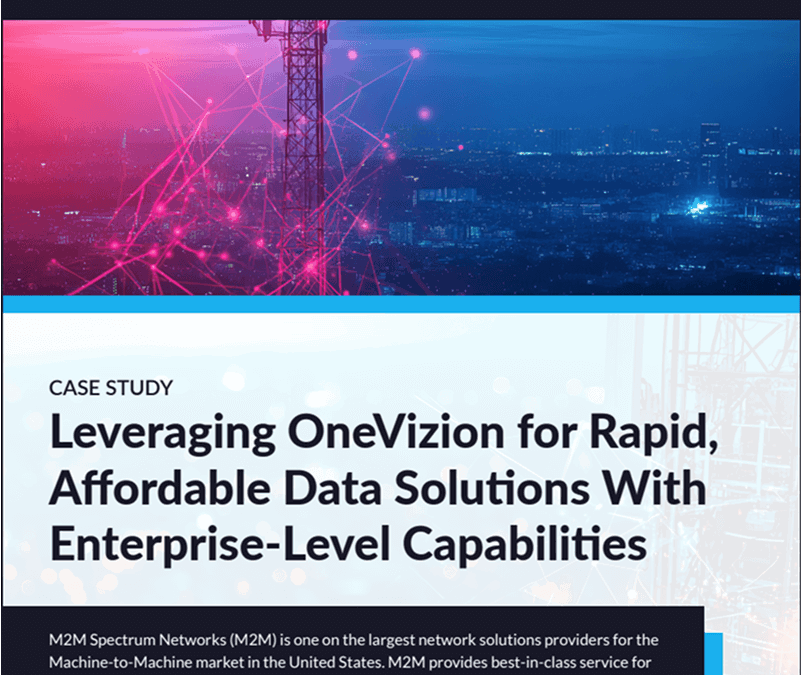 A case study cover titled Leveraging OneVizion for Rapid, Affordable Data Solutions With Enterprise-Level Capabilities by M2M Spectrum Networks.