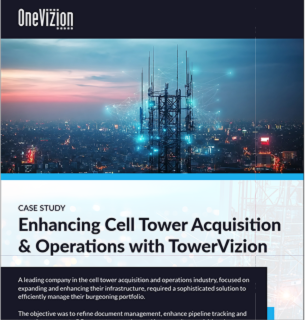 A cell tower stands illuminated against a city skyline at dusk, with text describing a case study on enhancing cell tower acquisition and operations with TowerVizion.