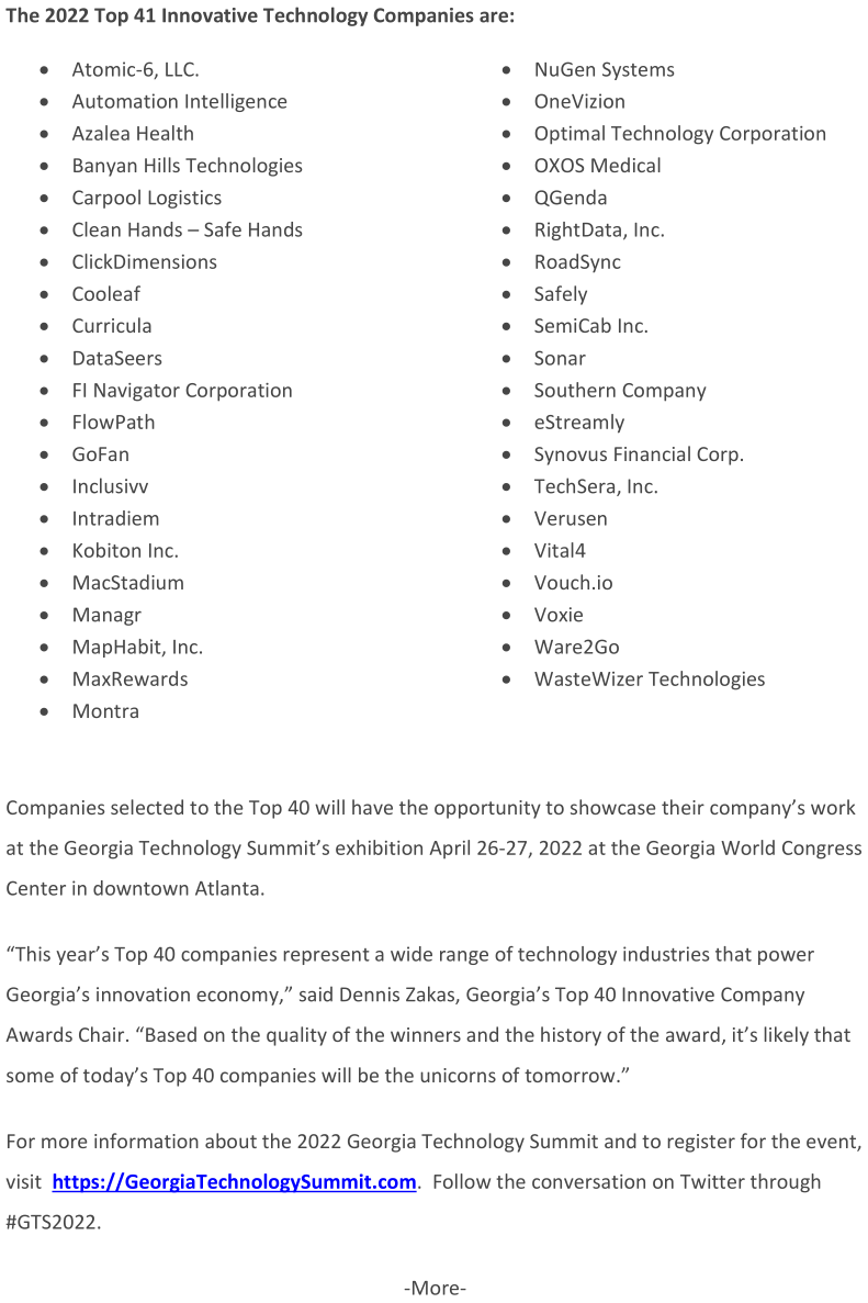 A list of the 2022 Top 40 Innovative Technology Companies and event details for their exhibition at the Georgia Technology Summit.