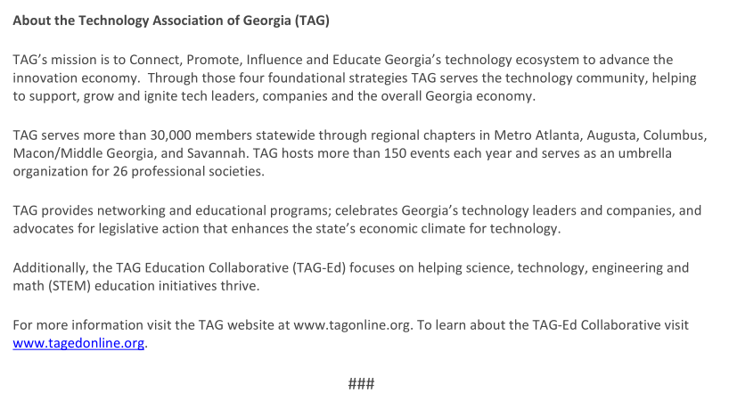 Screenshot of a text description about the Technology Association of Georgia (TAG), outlining its mission, programs, and contact information, including a website link for more details.