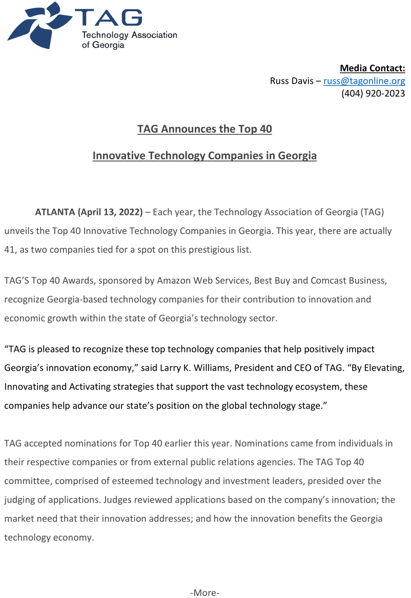 A press release document announcing the Technology Association of Georgia’s Top 40 Innovative Technology Companies in Georgia for 2022, featuring logo, contact info, and quotes.