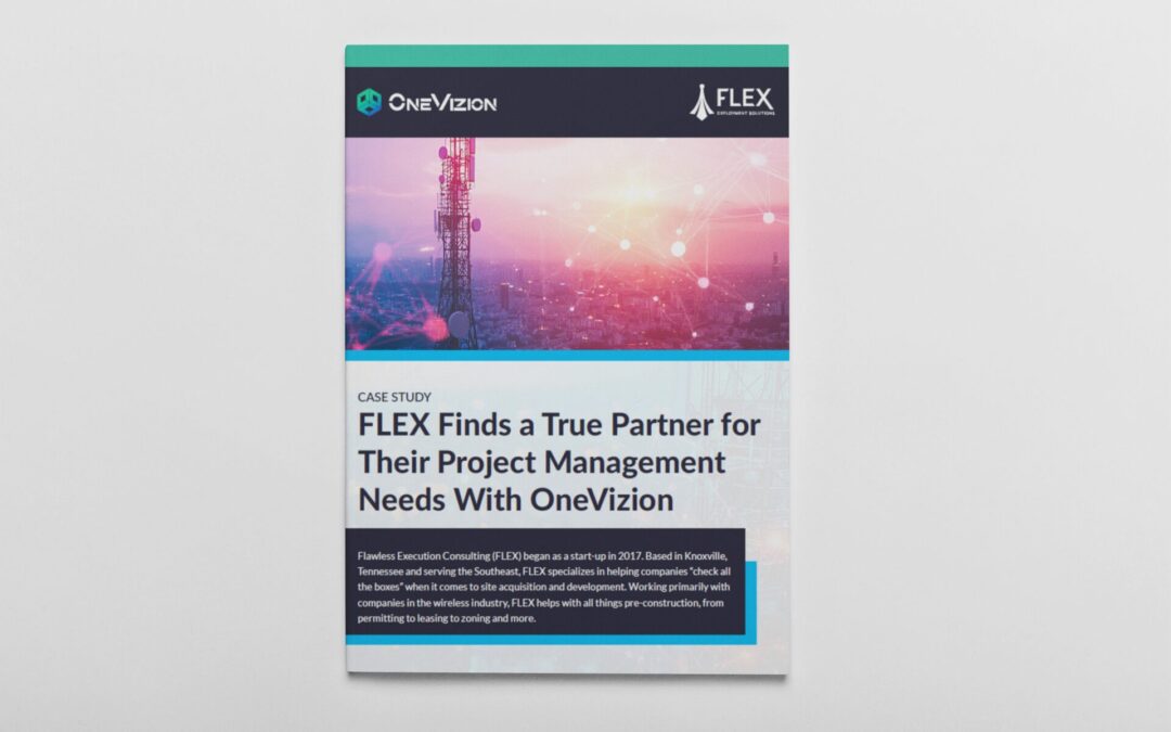 A case study document titled “FLEX Finds a True Partner for Their Project Management Needs With OneVizion” featuring logos and an image of a communication tower.