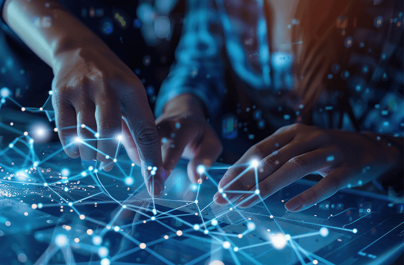 Two hands interact with a digital touchscreen displaying interconnected nodes and glowing lines, representing data connections or networking technology.
